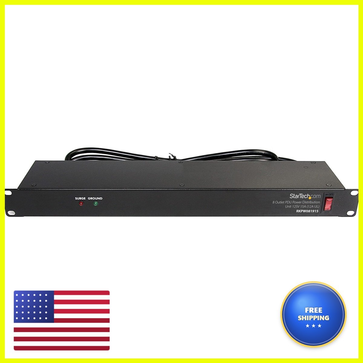 StarTech RKPW081915 8-Outlet 1U PDU 120V/15A Surge 6ft Cord TAA