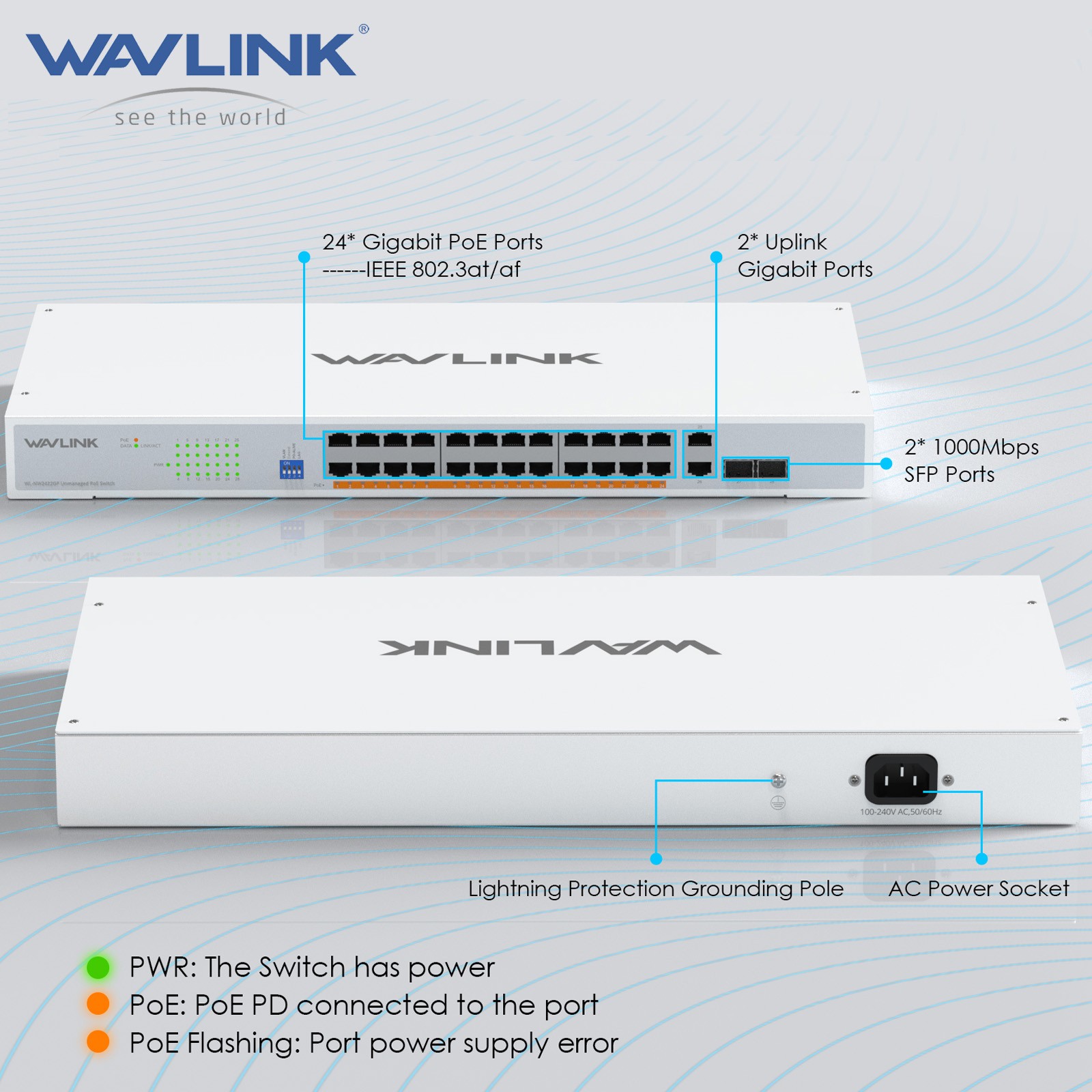 WAVLINK 24PoE /2 SFP/2 Gigabit Port 250W 28-Port Network Gigabit Ethernet Switch