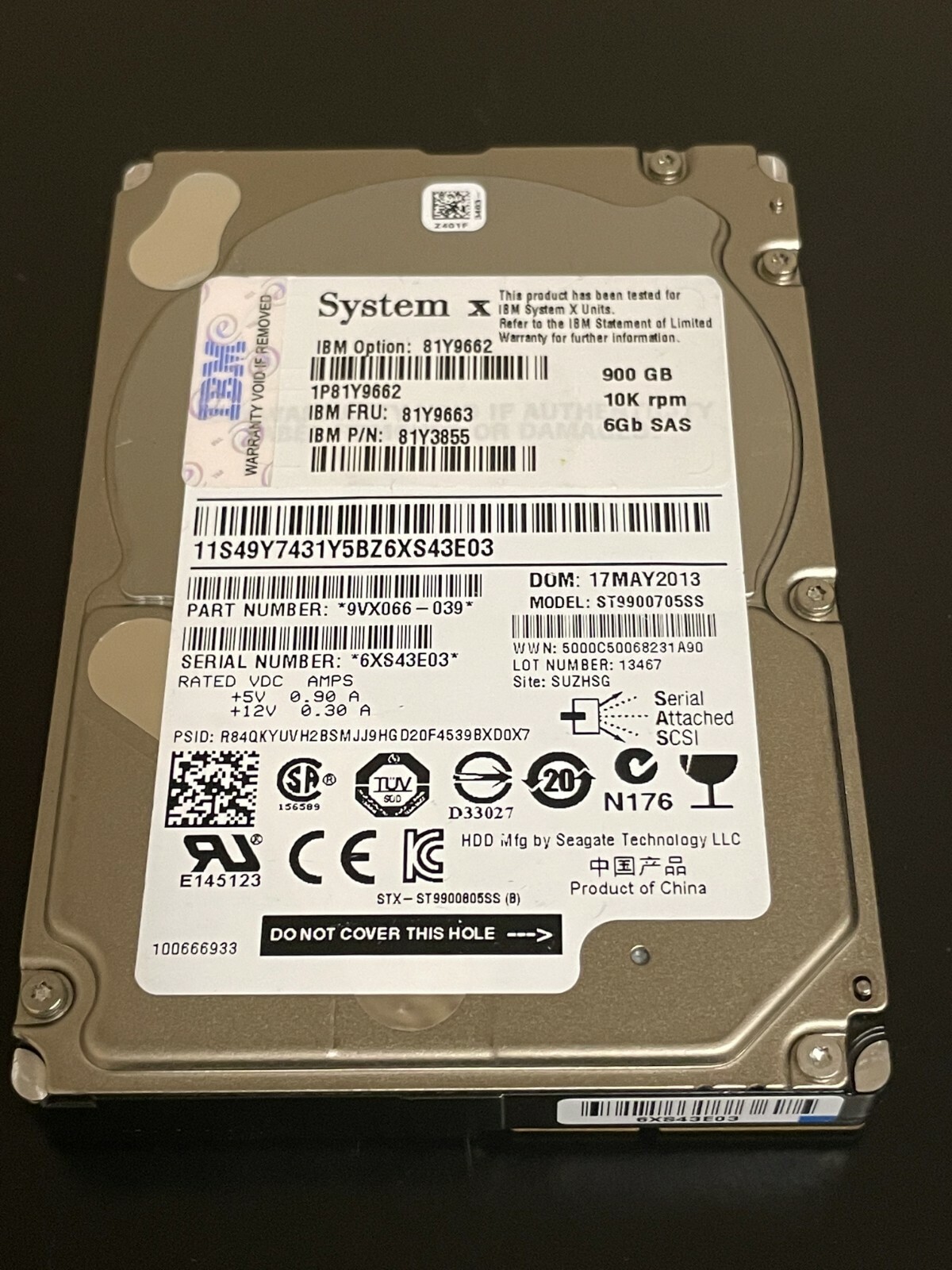 81Y9663 IBM 900GB SAS 2.5" 10K RPM SAS SED Hard Drive 81Y9662 81Y3855