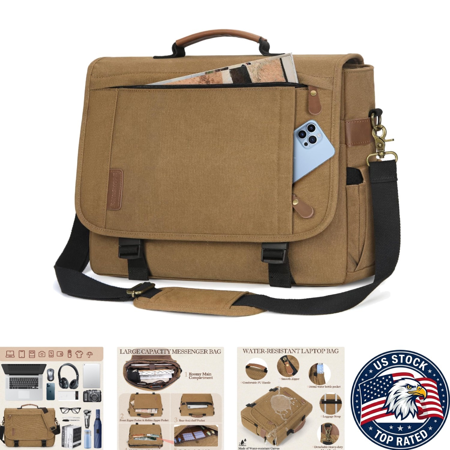 Adjustable Strap Messenger Bag for 17-Inch Laptops - Large Khaki Satchel
