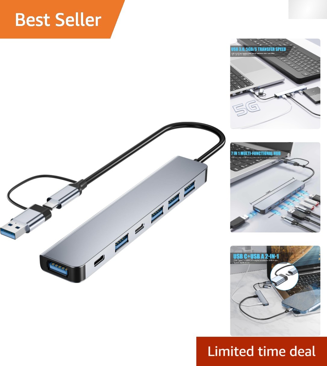 Sleek Aluminum 7-in-1 USB Hub with Fast Data Transfer - Perfect for MacBook & PC