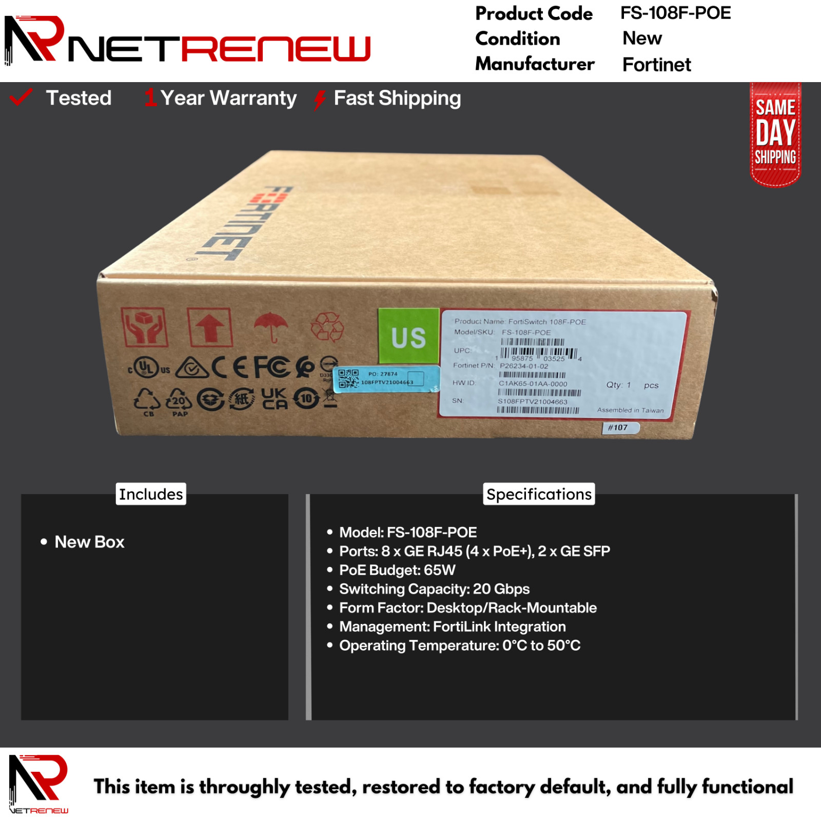 Fortinet FS-108F-POE FortiSwitch 8-Port PoE+ Managed Switch – Brand New