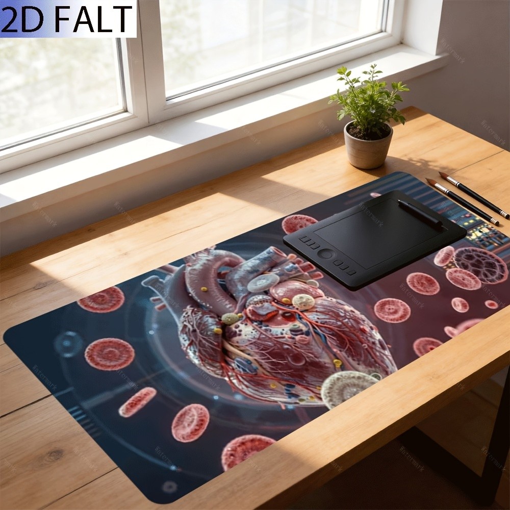 2D Flat, 1pc Extra Large, Anti-Slip, Desk Mat, Mouse Pad, Human Heart Anatomy