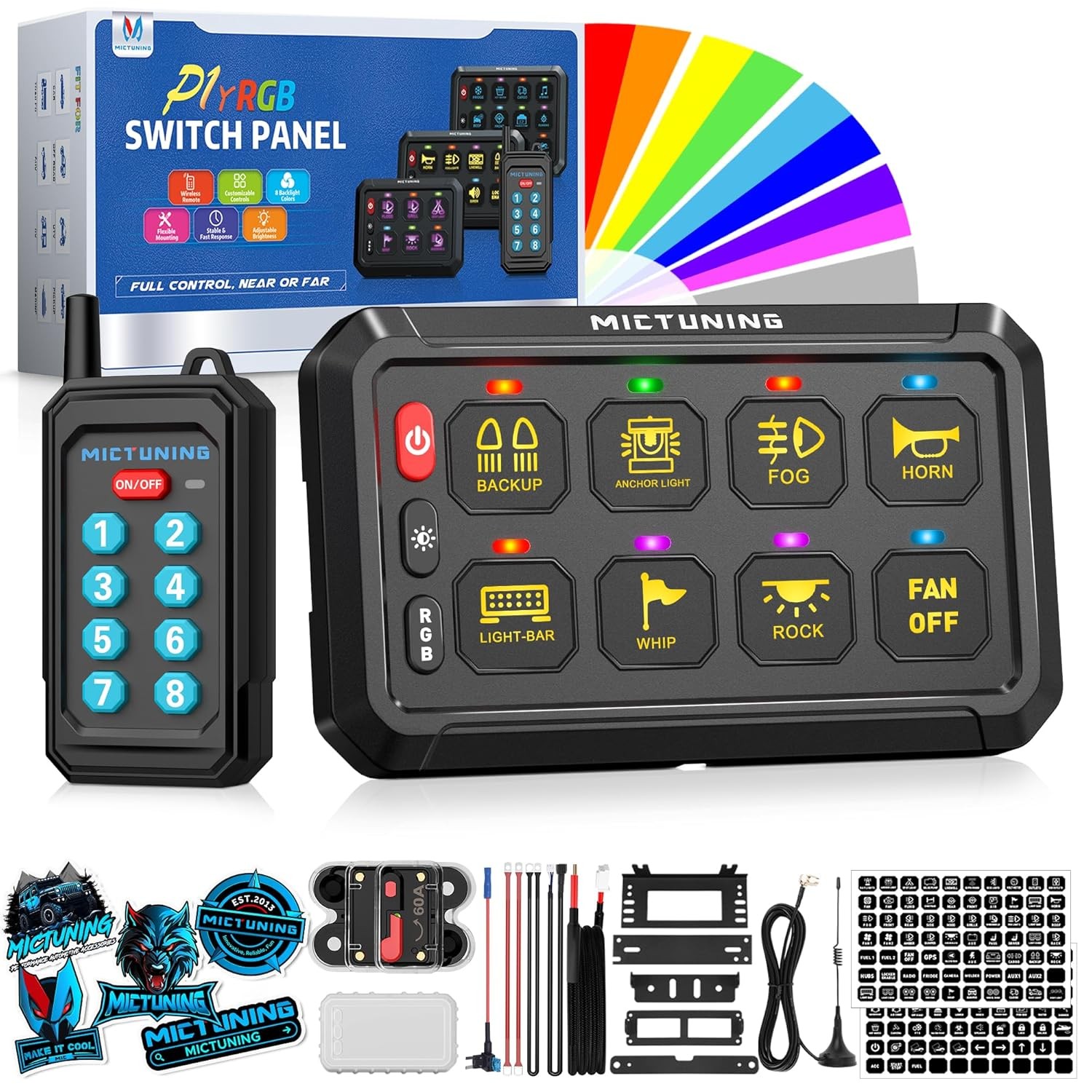 MICTUNING P1Y RGB 8 Gang Switch Panel RF Remote Backlit Strobe Pulsed