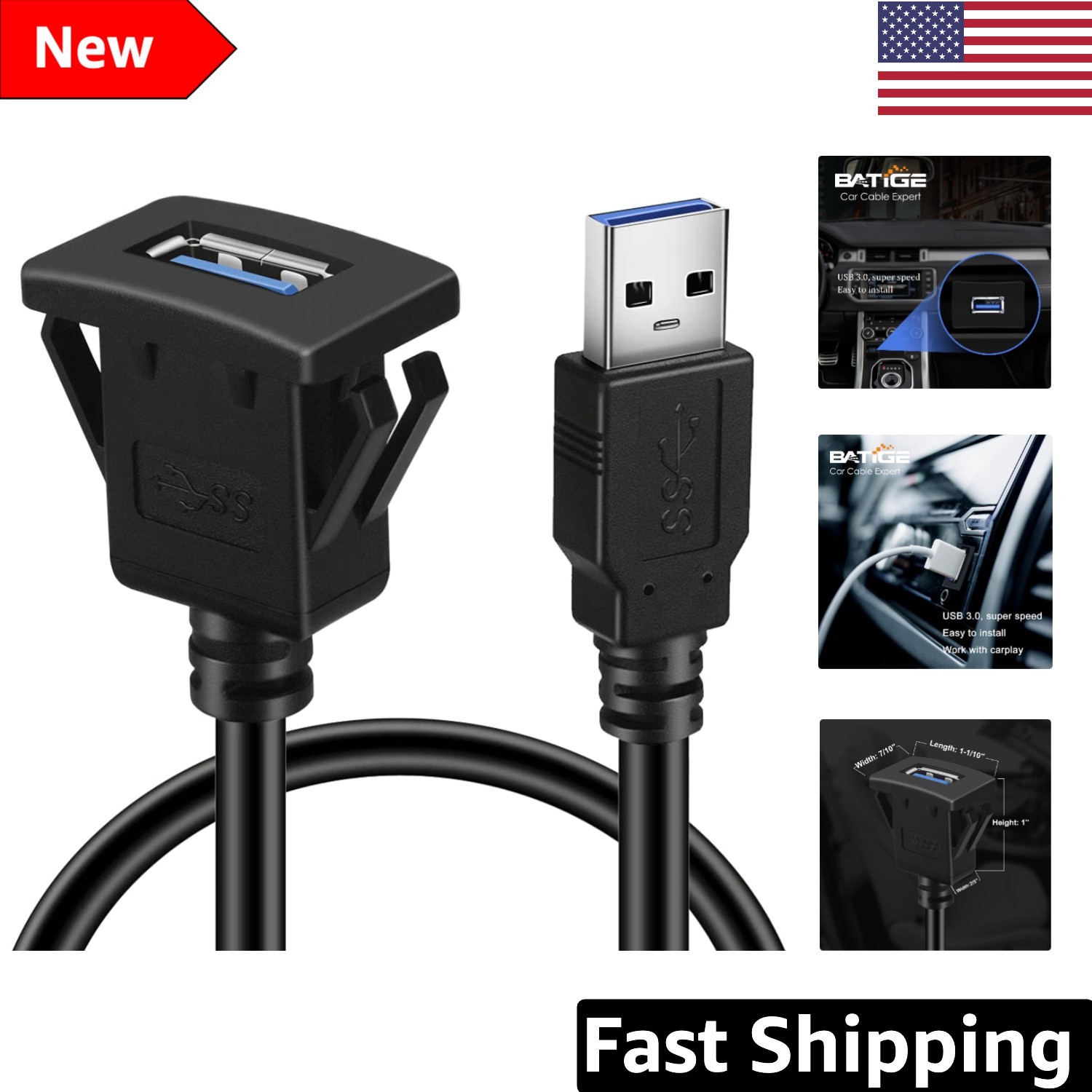 Heavy-Duty 3ft USB Extension Cable with Buckle for Dash Mount Installation