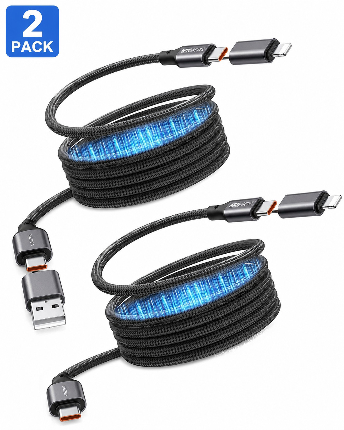 VEGER 2Pack 4 in 1 Magnetic USB C Cable 240W Fast Charging Nylon Braided