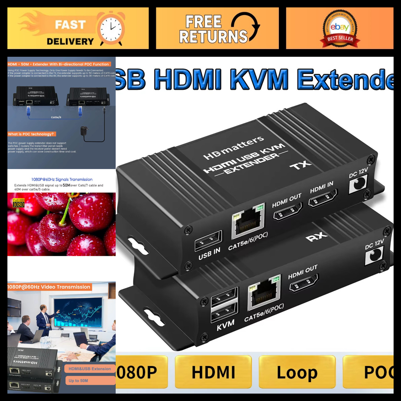 HDMI USB KVM Extender Splitter over Ethernet 4K 60Hz, 1080P, Mouse & Keyboard Su