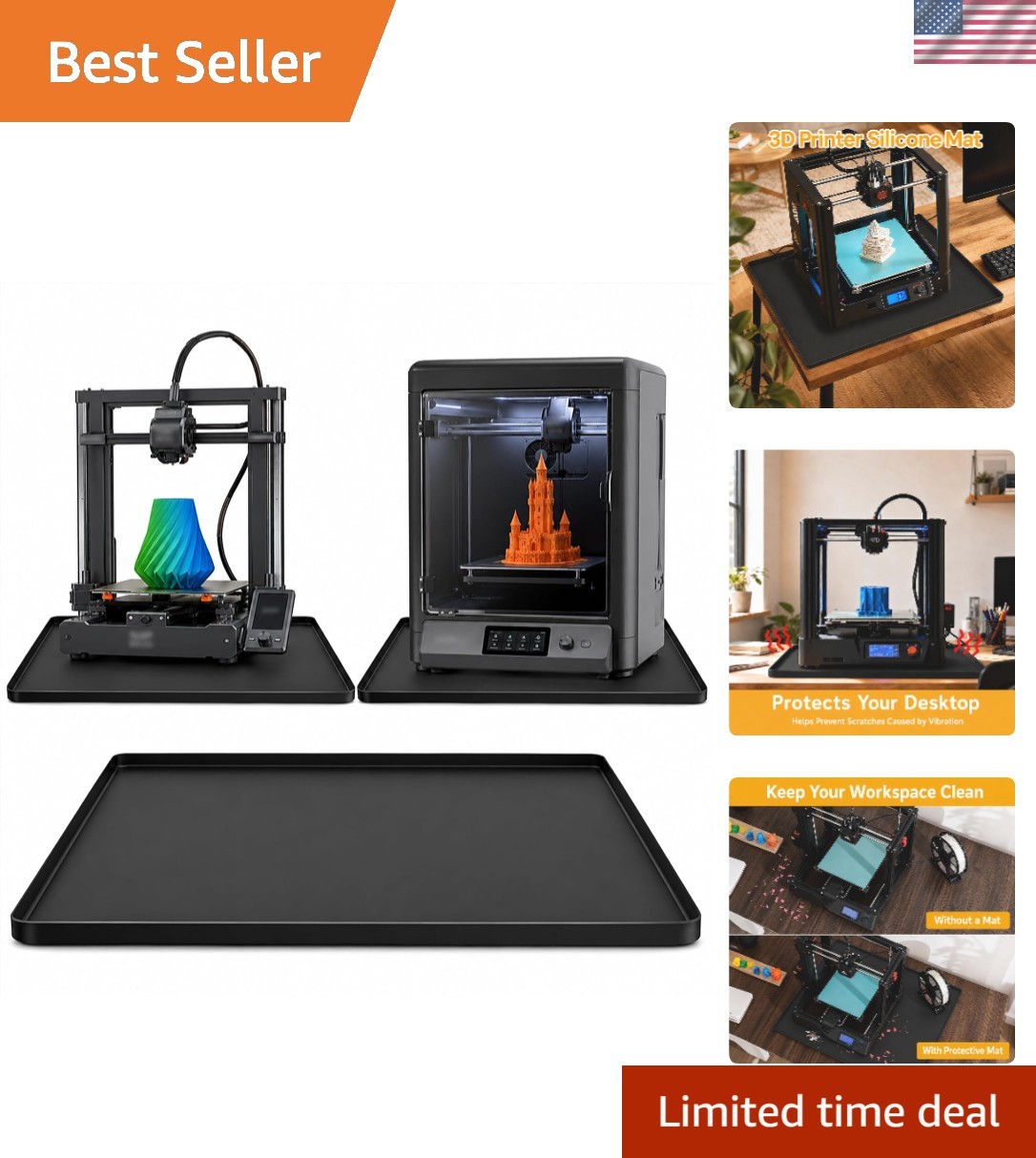 3D Printer Mat with Raised Edge, 23.6"x15.8" Non-Slip Silicone Pad