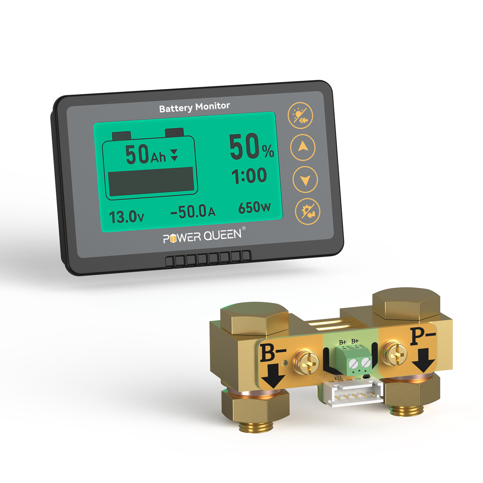 Power Queen 500A Battery Monitor with Shunt High Low Voltage Programmable Alarm