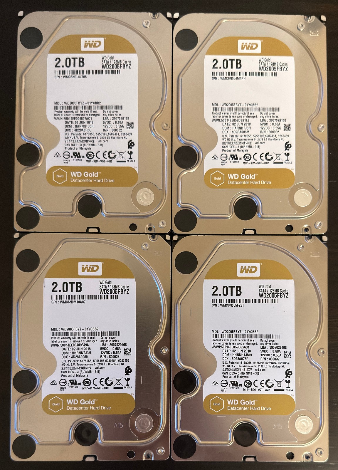 Lot of 4 Western Digital WD Gold Datacenter HDD SATA 128MB WD2005FBYZ