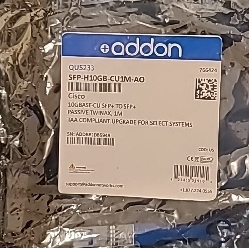 AddOn 1M 10GBase-3CU DAC SFP+ Passive Twinax Cable F/Cisco SFP-H10GB-CU1M-AO