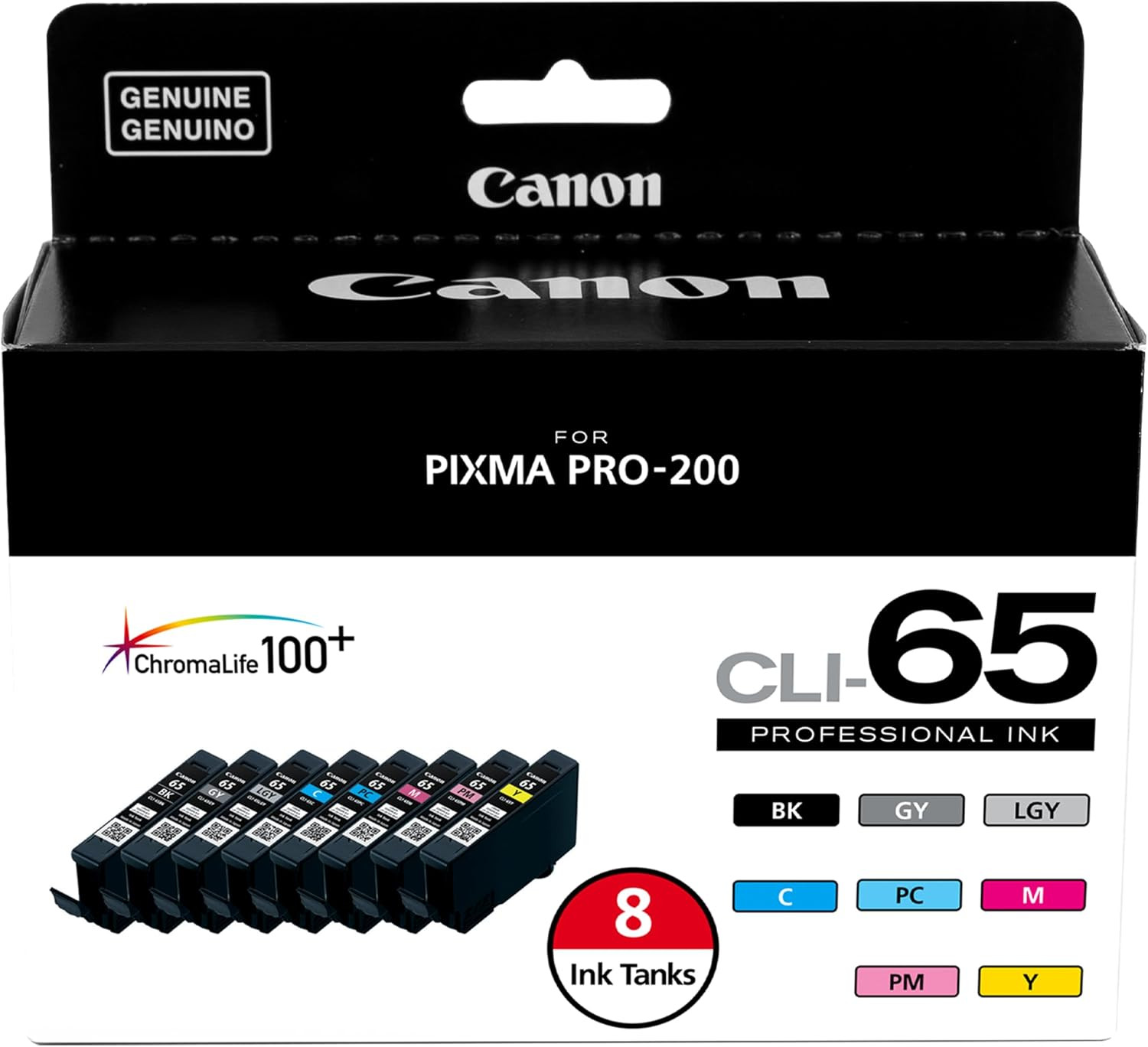 Canon CLI-65 Genuine Eight Color Pack, Compatible with PIXMA PRO-200, and PIXMA
