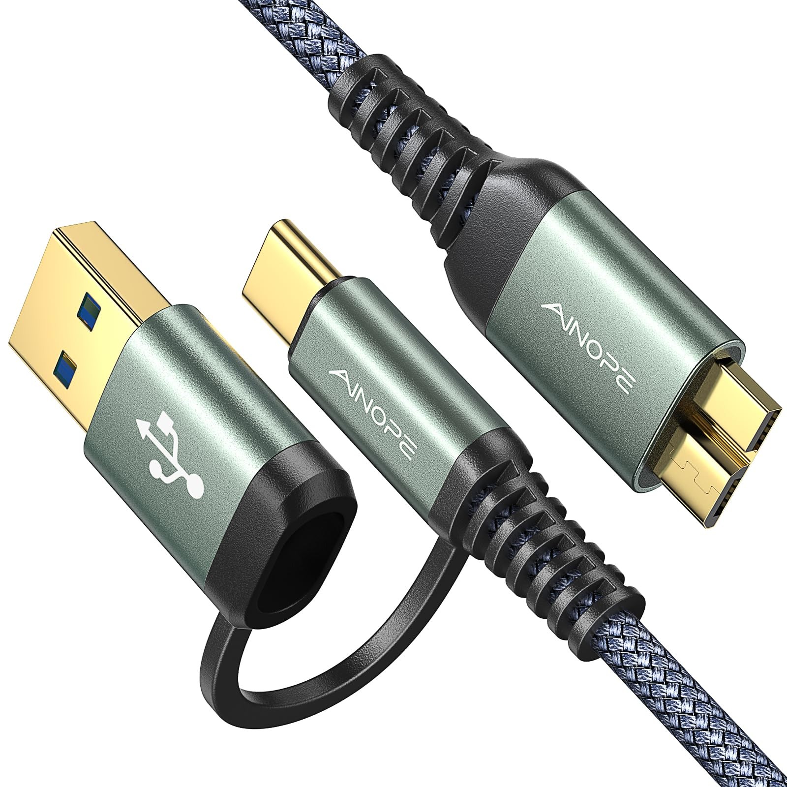 AINOPE 10Gbps Micro B to USB C, 1.5FT External Hard Drive Cable, 1.5FT, Grey