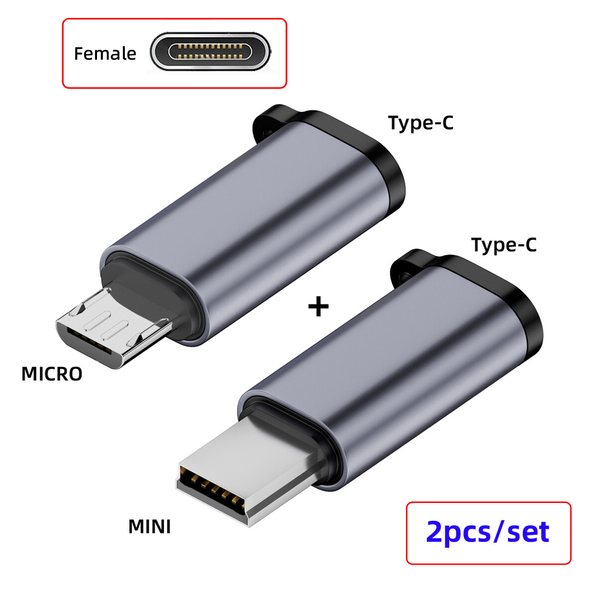 CY 2pcs Reversible USB2.0 Type C to Micro Mini Power Adapter with Chain Holes