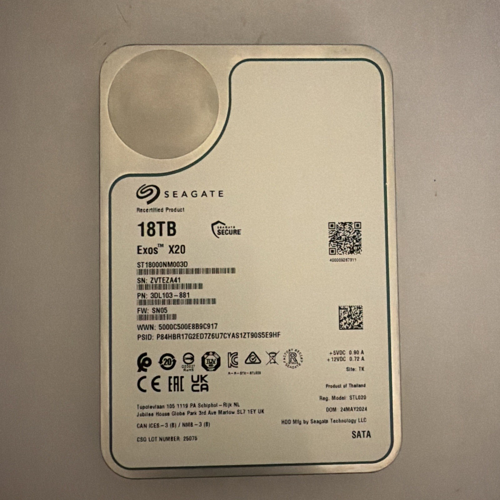 Seagate Exos X20 18TB 7200 SATA 3.5" Enterprise HDD - ST18000NM003D *98% Health