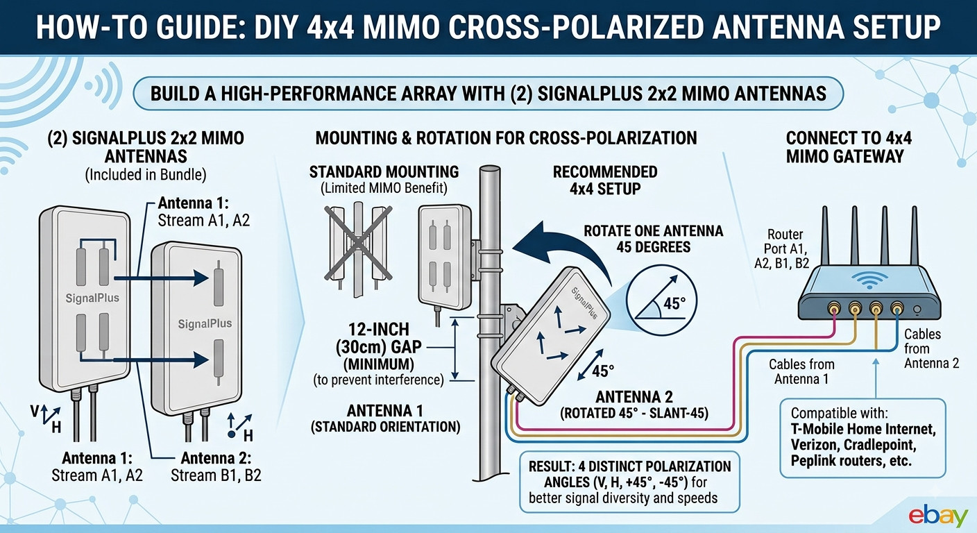 Pair of (2) SignalPlus 2x2 MIMO 14dBi Antennas 698-2700MHz 5G LTE DIY 4x4 Kit