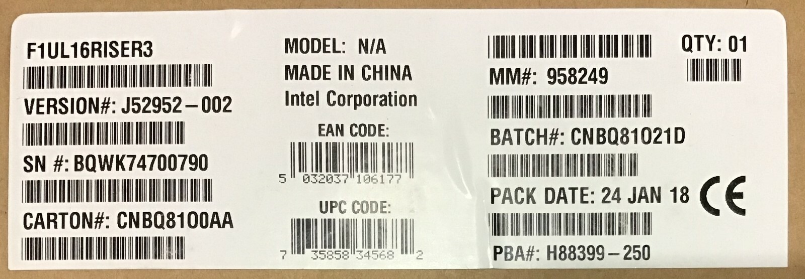 Intel F1UL16RISER3 1U PCIe x16 1-slot Riser Card NEW OPEN BOX