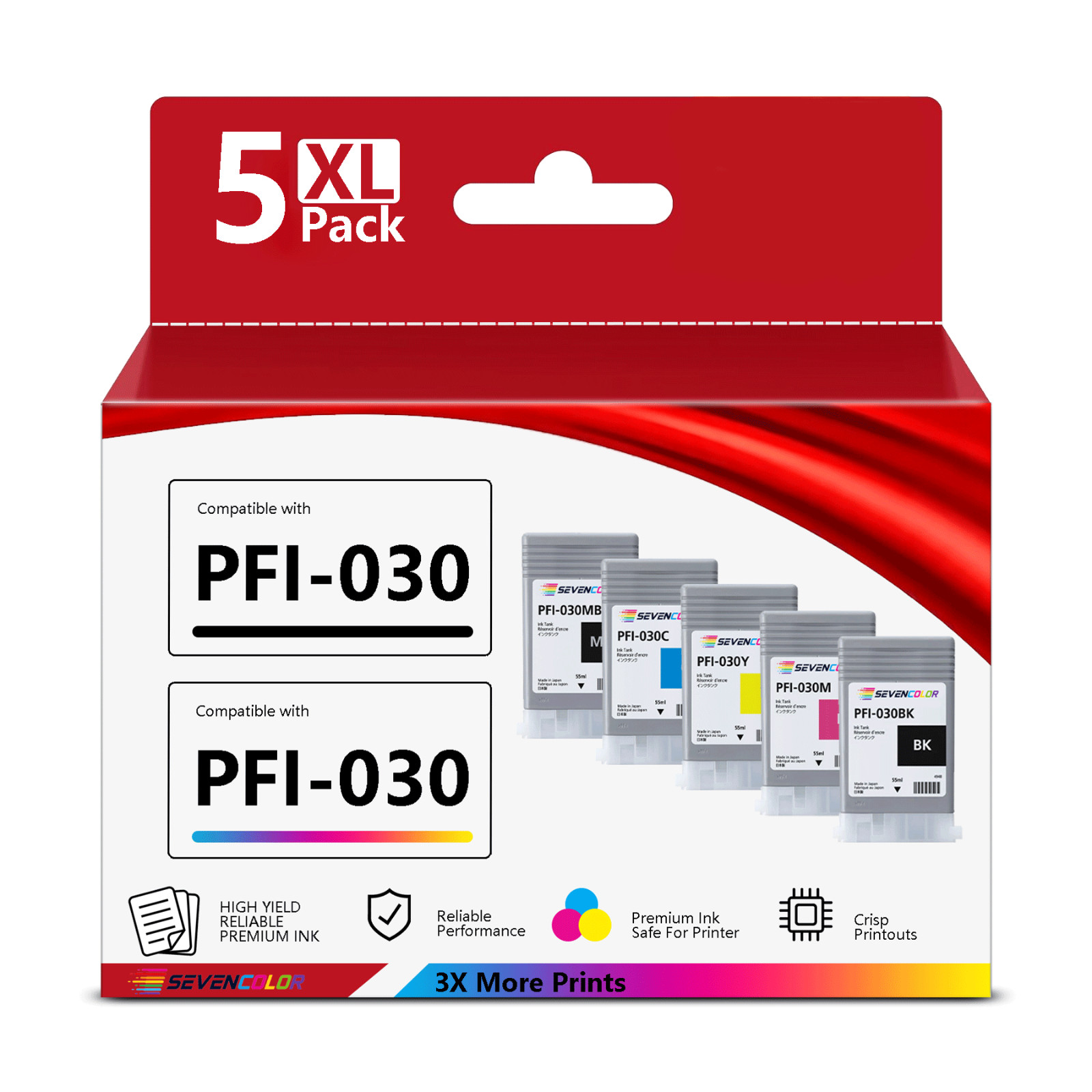 PFI-030 Ink Cartridge 55-ML (5Pcs, Matte Black,Black Cyan Magenta Yellow)