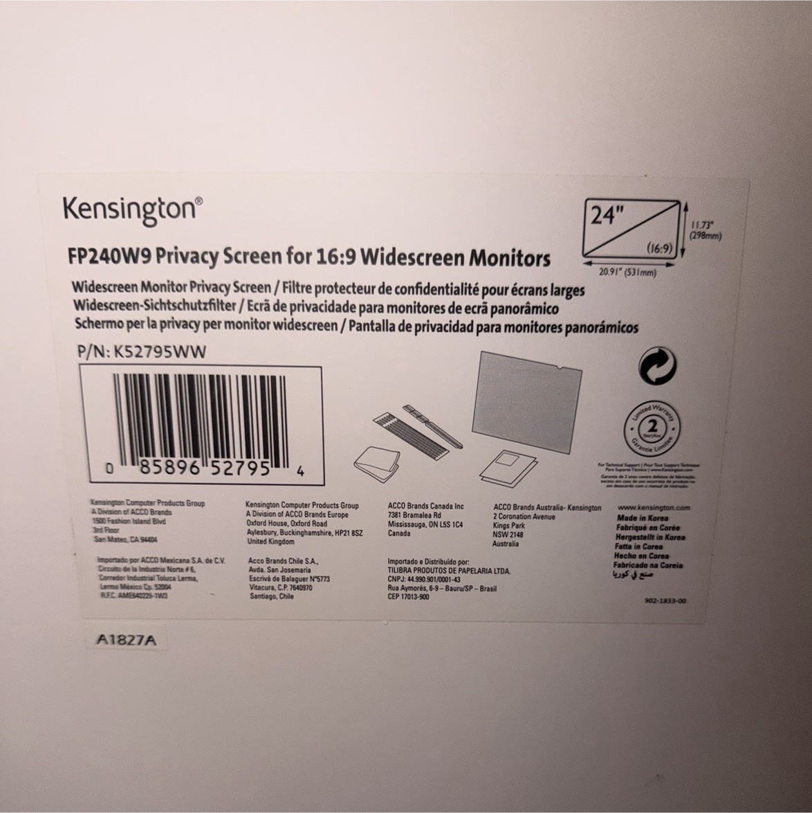 Kensington Privacy Screen 24" 16:9 Universal Monitor KS2795WW Clear
