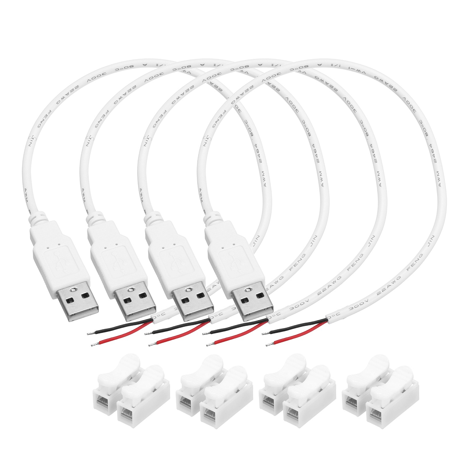 4Pcs USB Plug Pigtail, 0.3 M/1 ft Male 22 AWG 5V 3A with Wire Connector, White