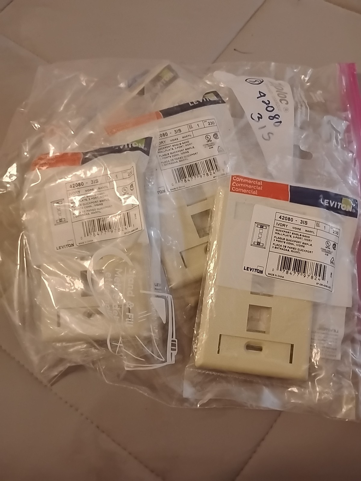 8xLeviton 42080-3IS Single-Gang Quickport Wallplate with ID Windows 3-Port Ivory