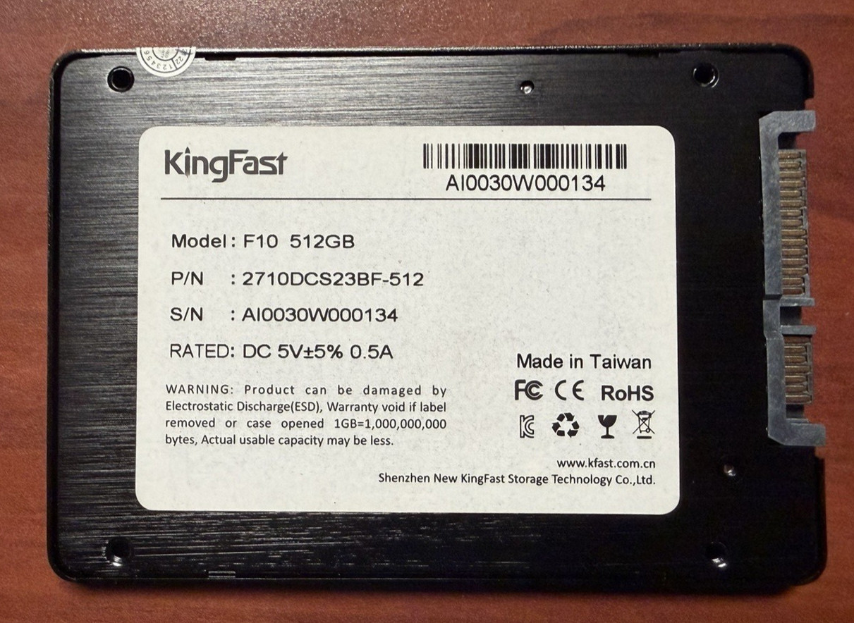 KingFast F10 512GB 2710DCS23BF-512 SATA 2.5" SSD HARD DRIVE 3 Power On Hours