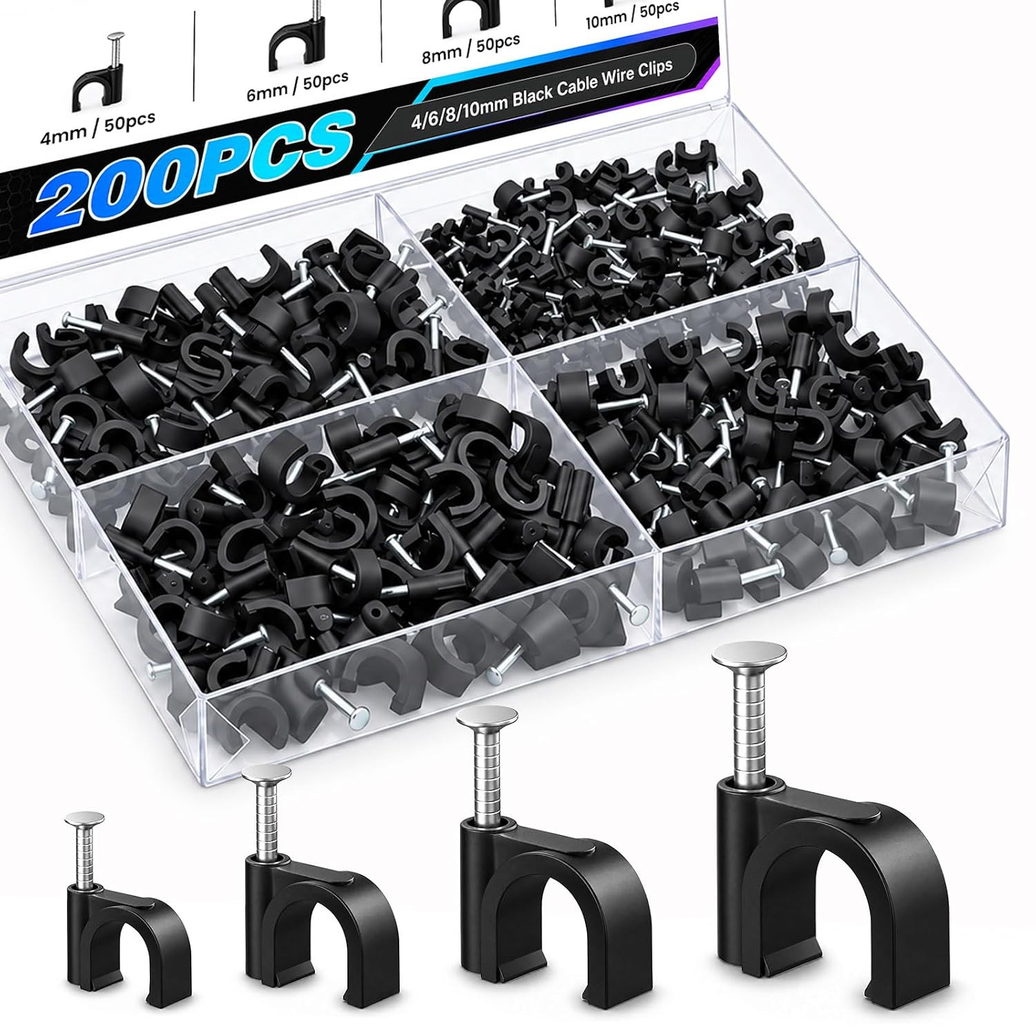 200 Pcs Cable Clips 4/6/8/10Mm Nail in Cable Clips Cable Wire Clips Cable Tacks