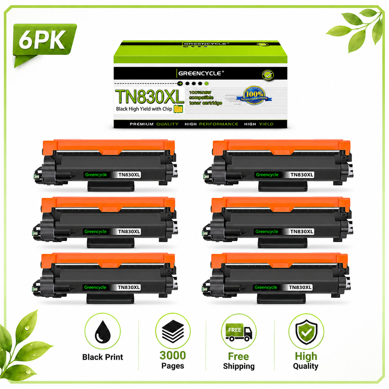 6PACK BK High Yield TN830XL Toner for Brother HL-L2460DW DCP-L2640DW HL-L2400D