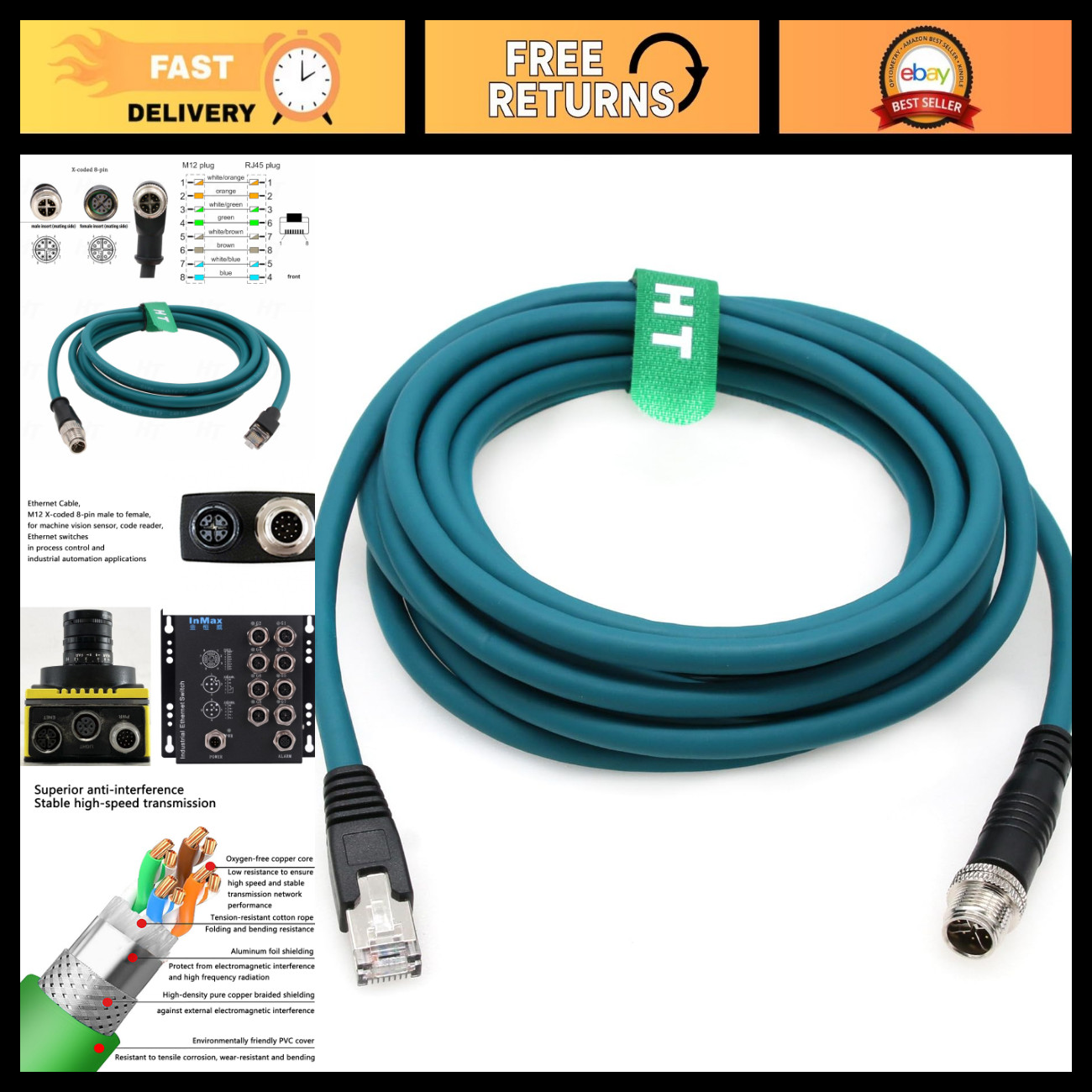 High-Speed CAT-7e Ethernet Cable 8-Pin M12 RJ45 for Data Transfer & Barcode Read