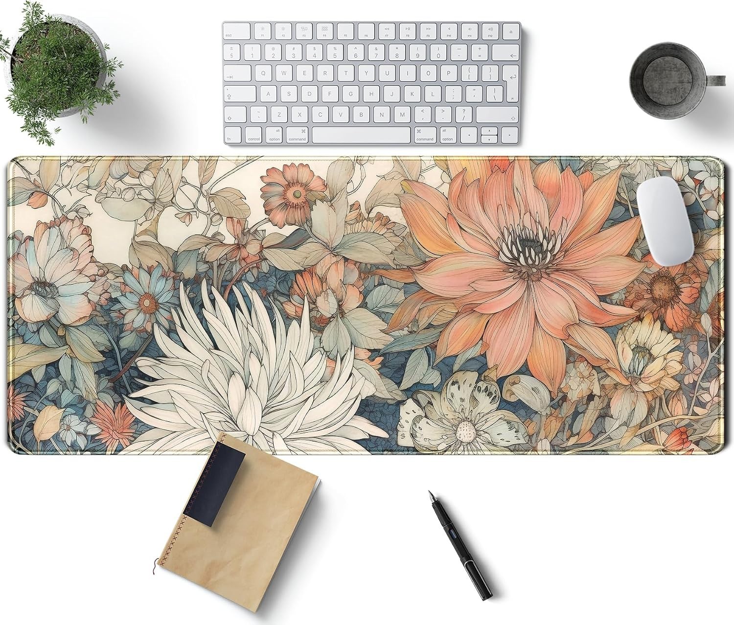 Floral Desk Mat Computer Flowers Mat Large Keyboard Mouse Pad Stitched Edges Gir