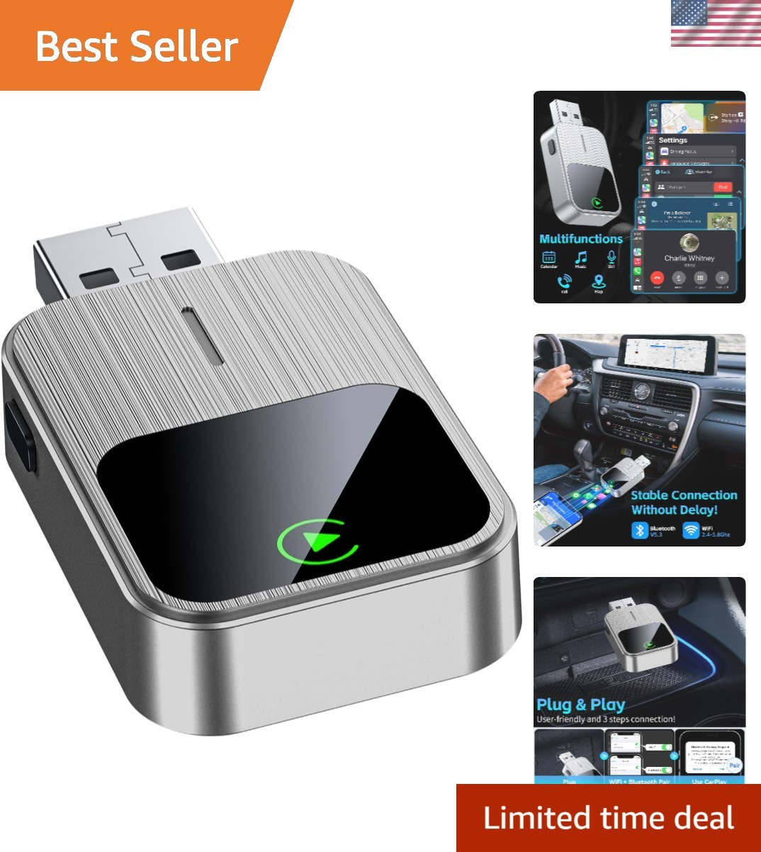Plug & Play Wireless CarPlay Adapter for iPhone, Convert Factory Wired to Wir...