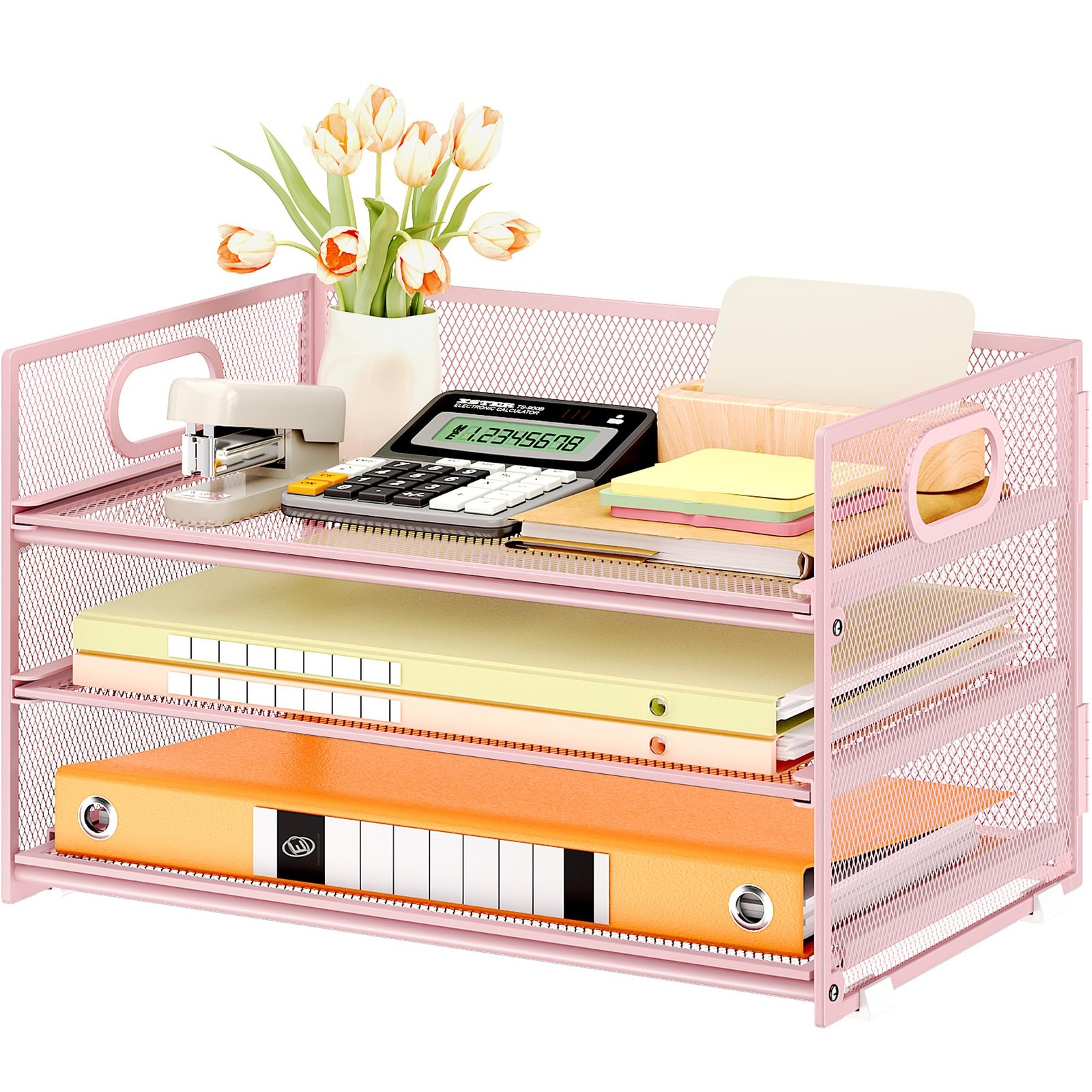 Paper Letter Tray Organizer 3 Tier Pink Metal Mesh File Folder SUBEKYU Desk Home