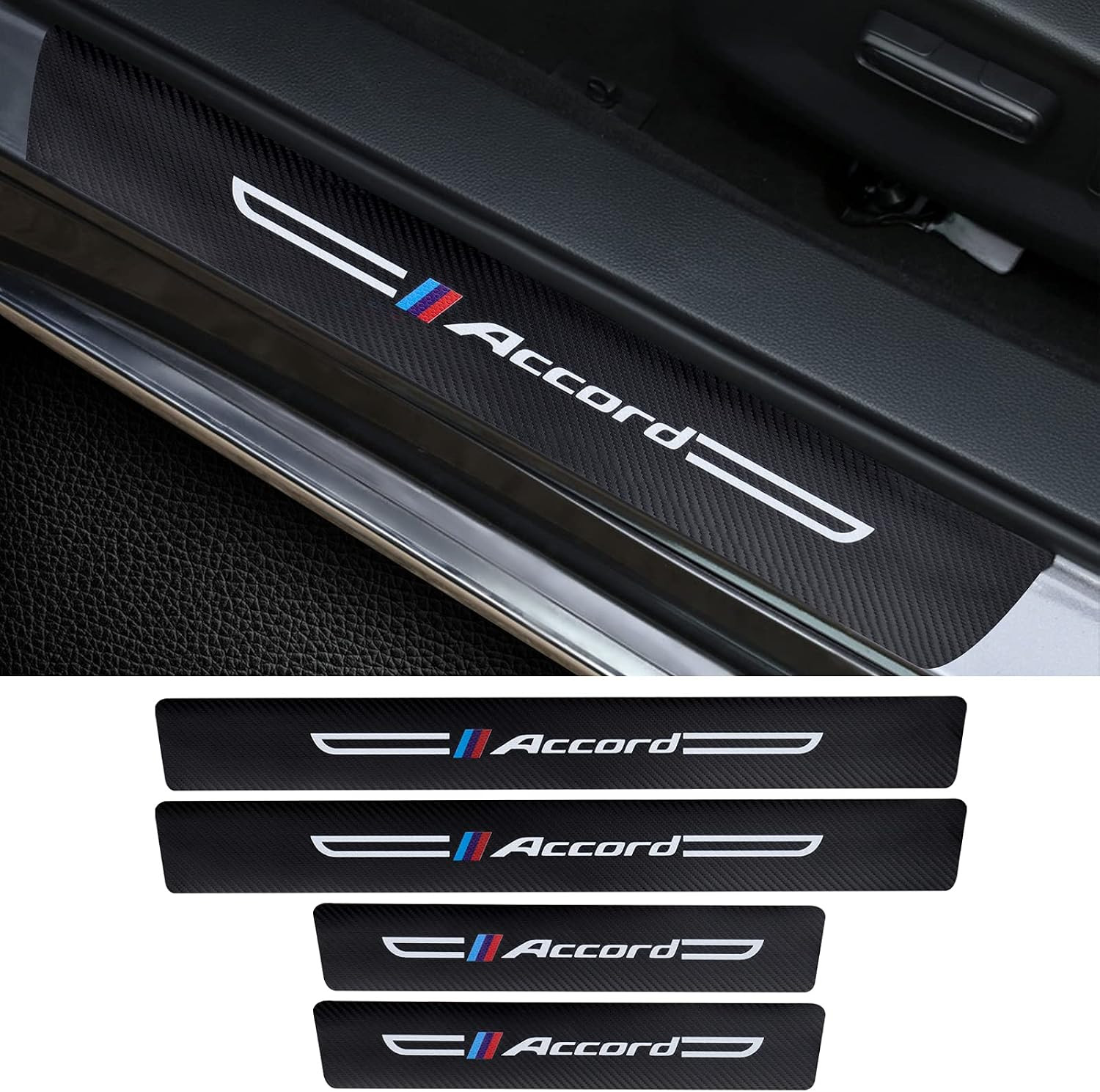 4PCS Carbon Fiber & Textured Leather Car Door Sill Protectors, Compatible with A
