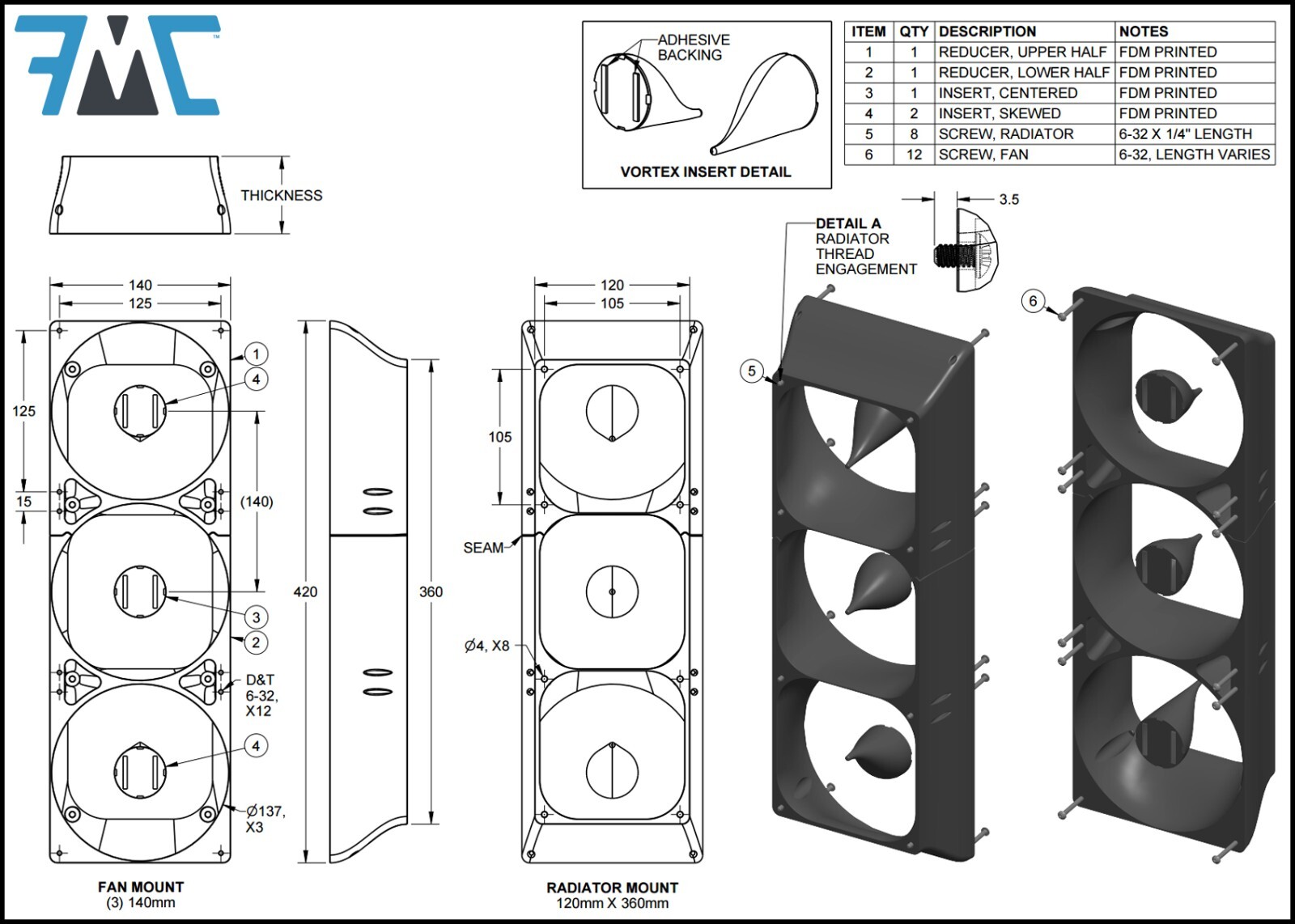 PC Fan Radiator AIO Reducer, 360mm Rad x (3) 140mm Fans, Cowl, Shroud, Adapter