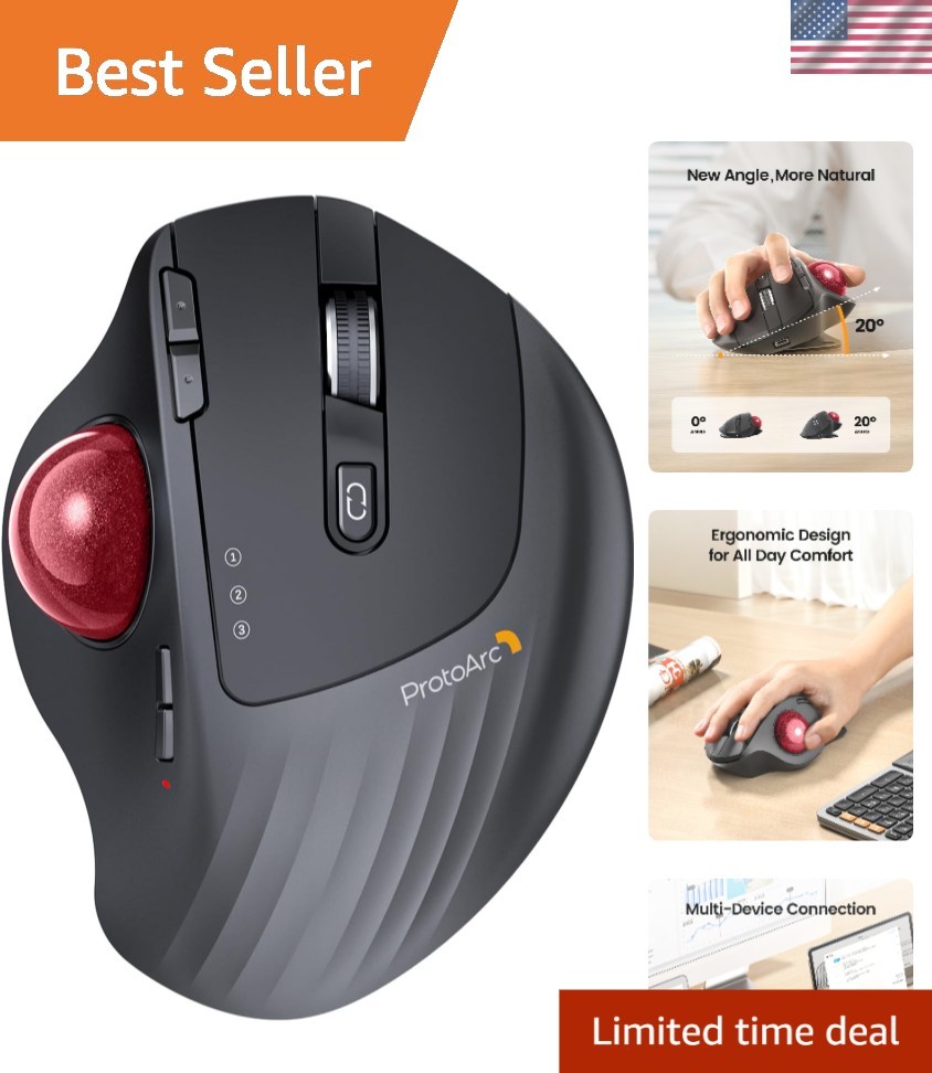 3-Device Connection Wireless Trackball Mouse - Ergonomic Design with Red Ball
