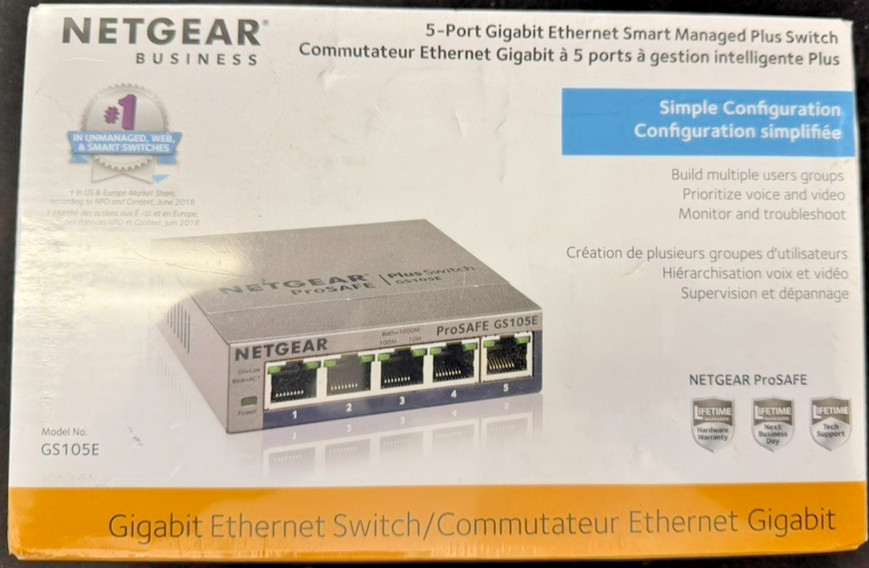 NETGEAR GS105E 5-Port Gigabit Smart Managed Plus Ethernet Switch New Sealed