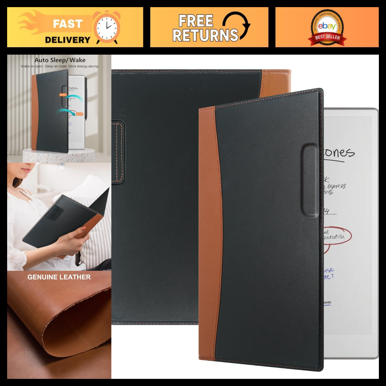 Ultra Slim Genuine Leather Folio Case for Remarkable Paper Pro 11.8” - Magnetic