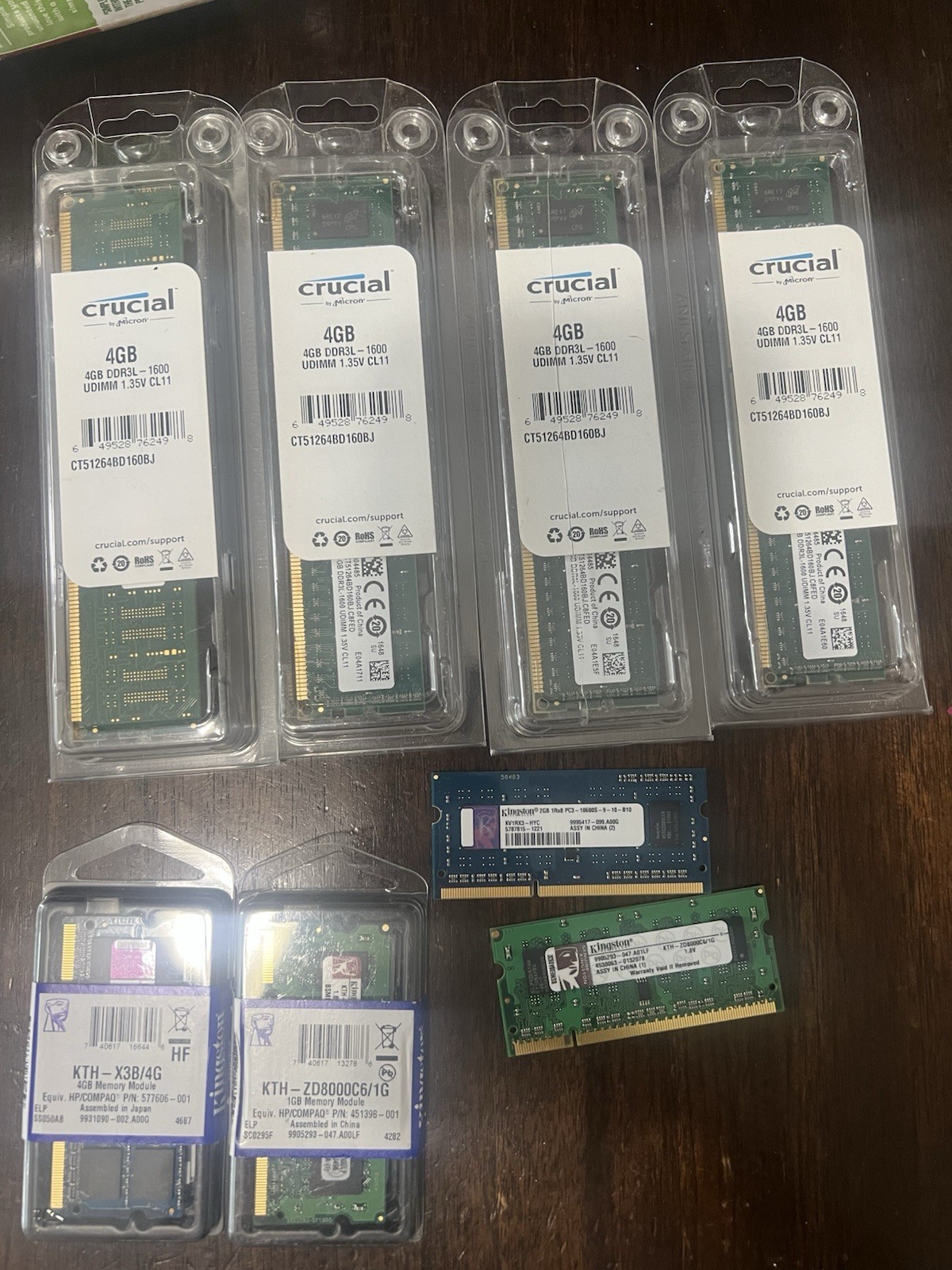 LOT OF 4 - CRUCIAL 4GB DDR3L-1600 UDIMM 1.35V CL11 + 4 Misc Ram