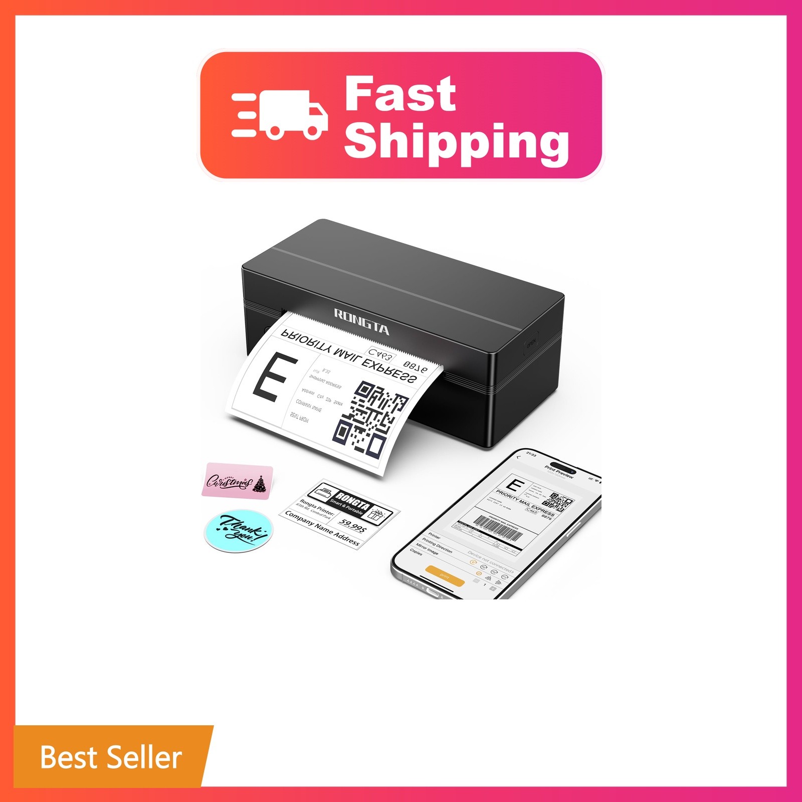 Rongta Bluetooth Thermal Shipping Label Printer, Wireless 4x6 Label Printer f...