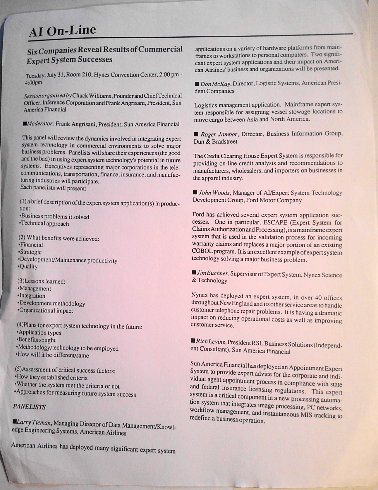[Artificial intelligence] AI On-Line Companies reveal Expert System results 1987