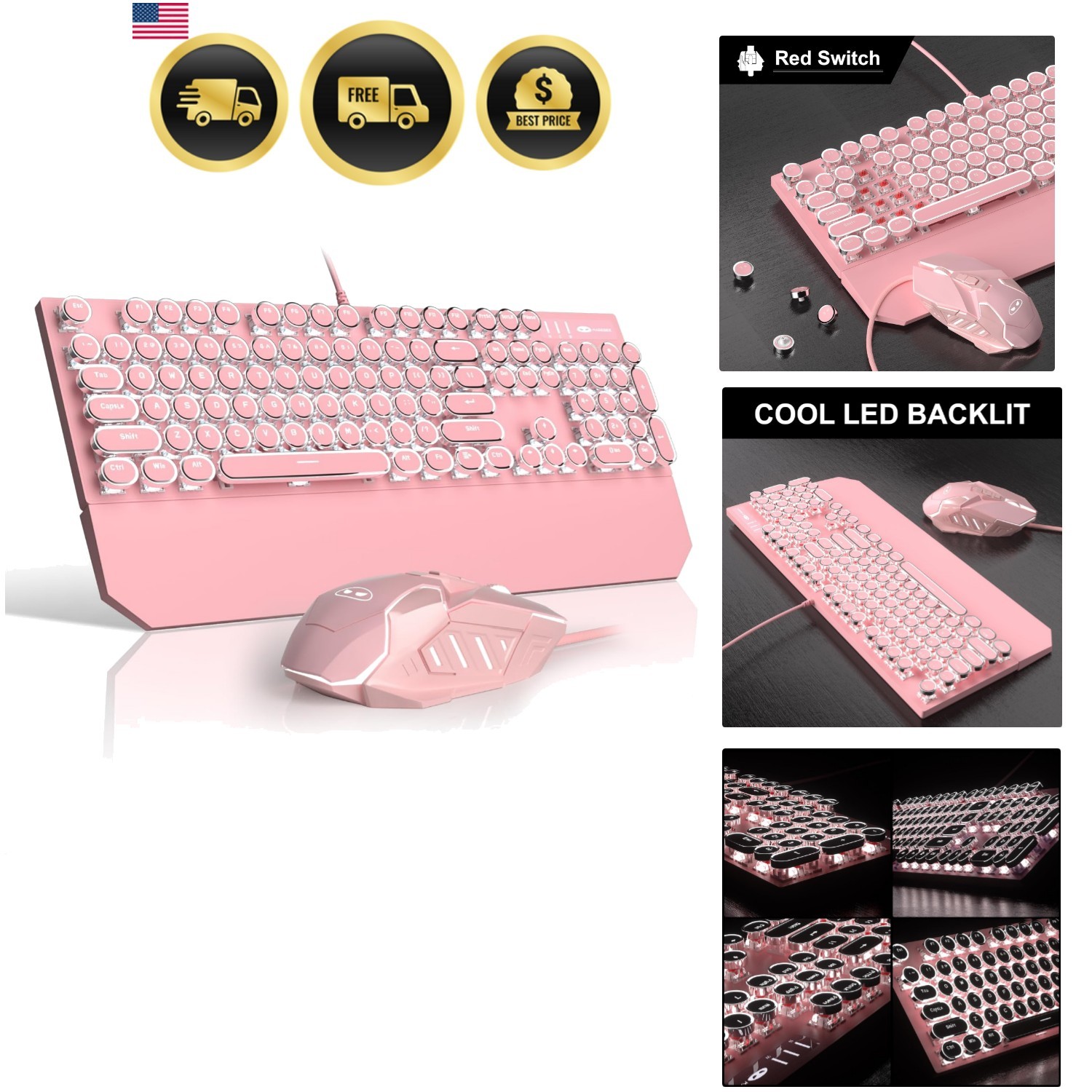 Retro Pink Typewriter-Style Keyboard and Mouse Combo, Cute Light Up Wired Mec...
