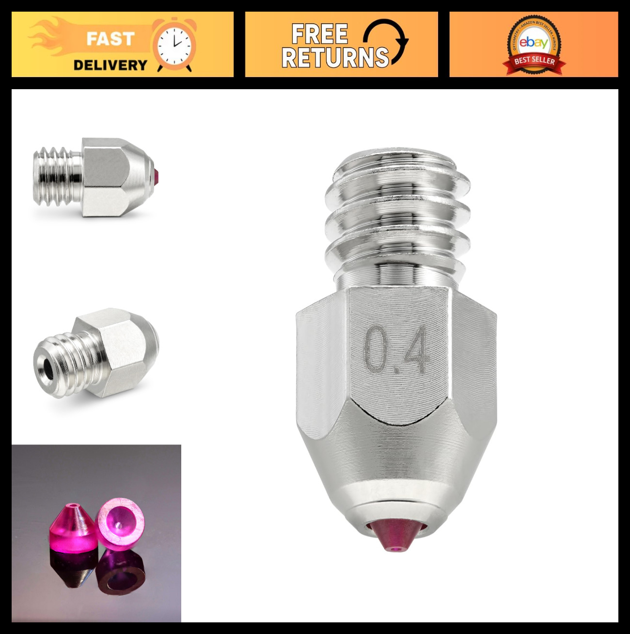 0.4mm Ruby Tip MK8 Nozzle for 3D Printers - Hardened, Abrasion Resistant, Nickel