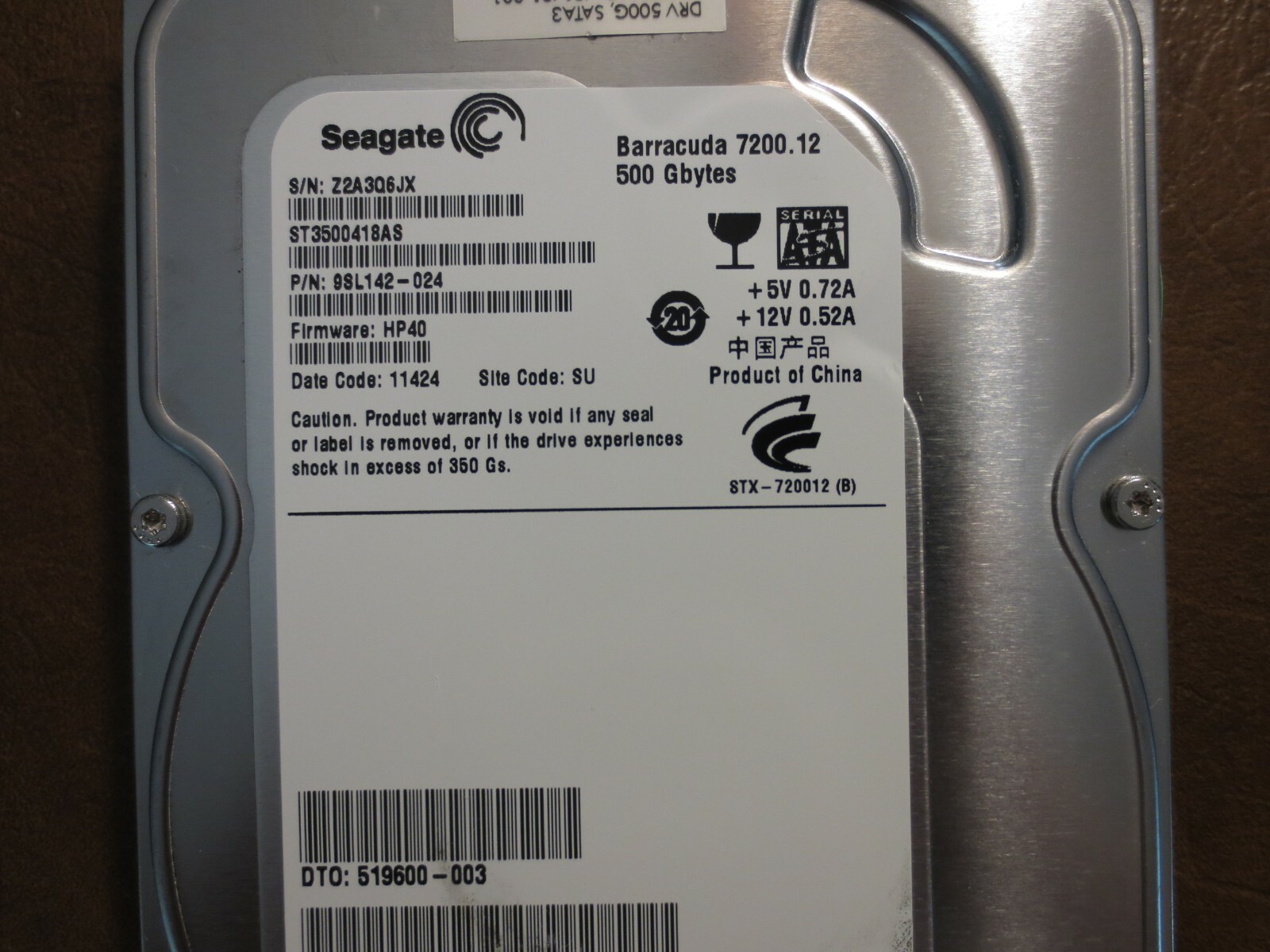 Seagate ST3500418AS 9SL142-024 FW:HP40 SU 500gb 3.5" Sata HDD