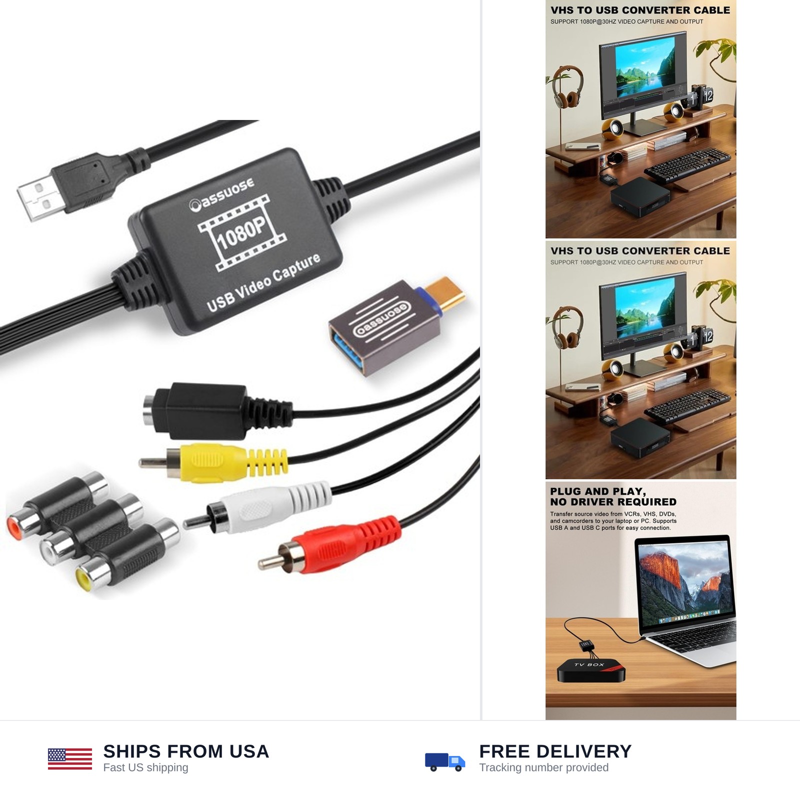 Oassuose VHS to Digital Converter,USB-A/USB-C Video 1080P Capture Card