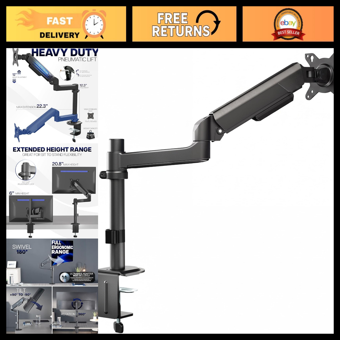 Heavy Duty Articulating Pneumatic Desk Mount for 17-40" Screens, VESA 100x100mm
