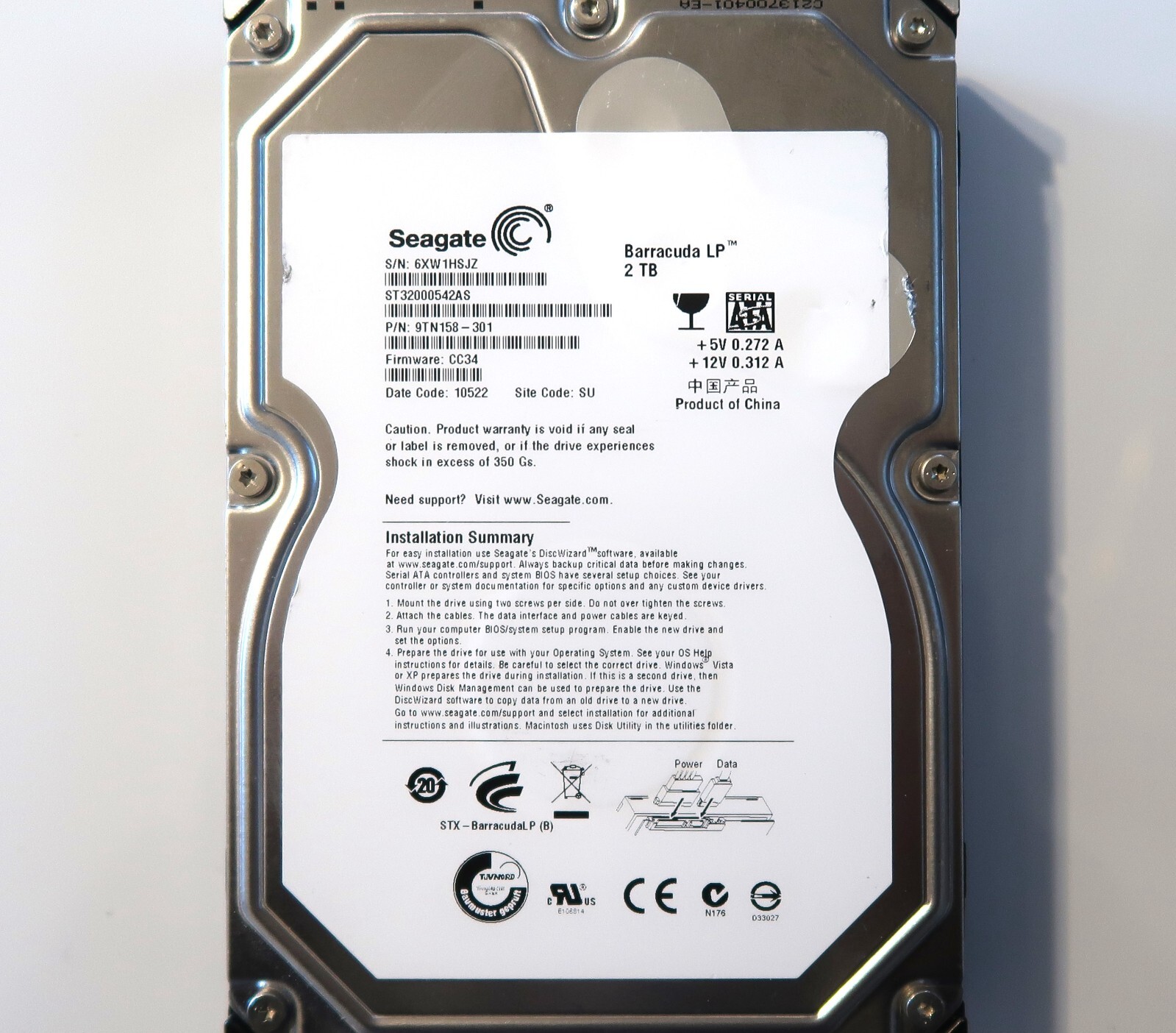 Seagate ST32000542AS 9TN158-301 CC34 SU China (6XW1) 3.5" 2.0TB Sata 06/2010