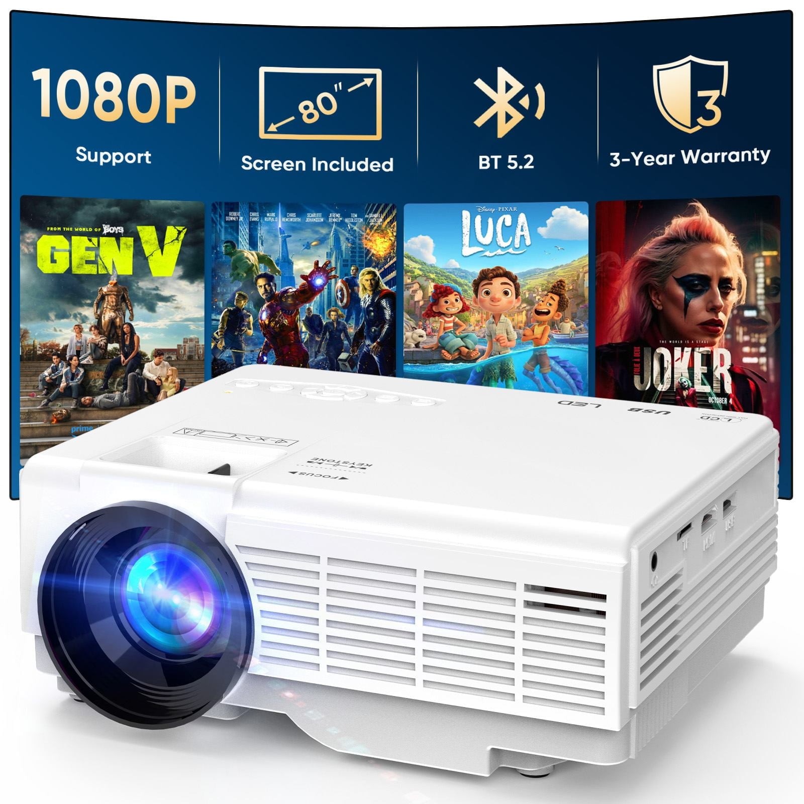GCZ Mini Projector with 80-Inch Screen, Native 720P Resolution, 1080P and 4K