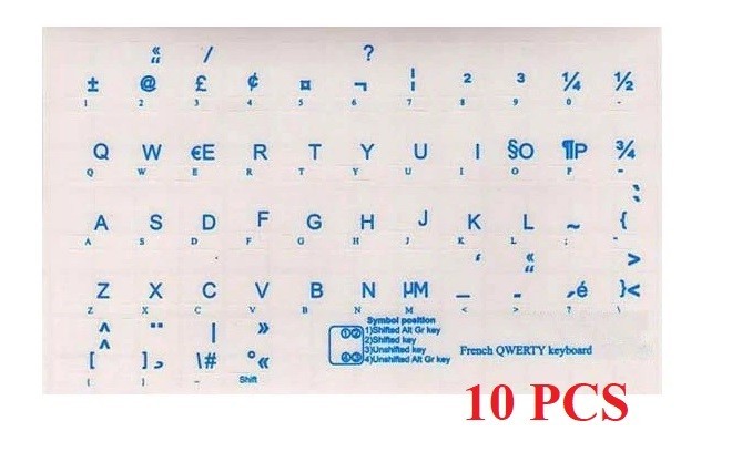 FRENCH QWERTY Keyboard Stickers Transparent - 10 PCS PKG