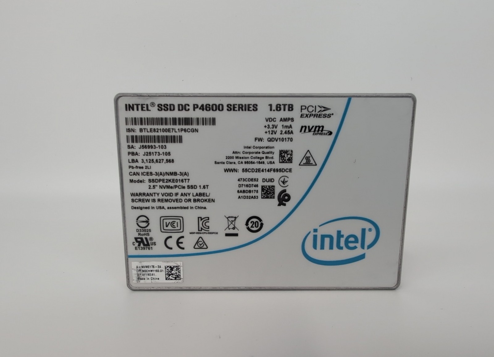 Intel DC P4600 Series 1.6TB PCIE3.0 NVME U.2 2.5'' SSD SSDPE2KE016T7