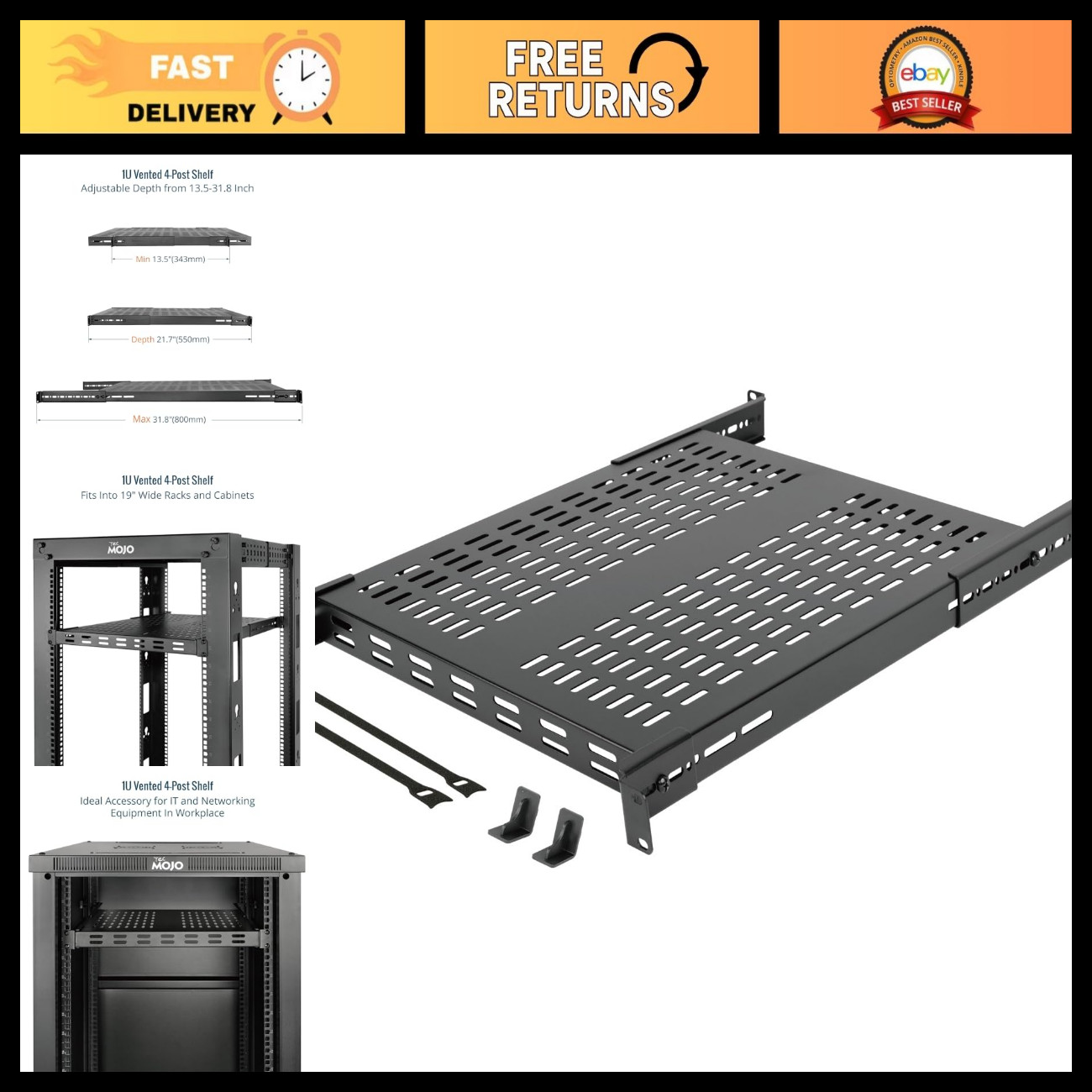 Vented 1U 4-Post Server Rack Shelf, Adjustable 13.5-31.8", 242 lbs Capacity, Bla